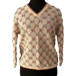 Vintage Popcorn Knit V Neck Sweater Pink Blue Cream Small